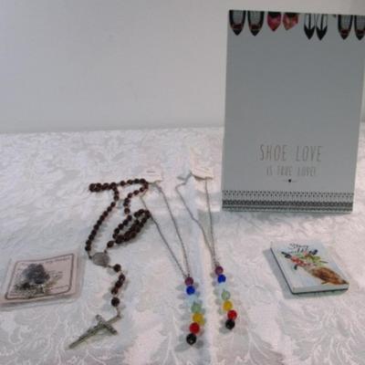 Sale Photo Thumbnail #202: 2 necklaces, 2 rosaries, 1 standing decorative plaque 6-1/2" wide x 9-3/8" tall, 1 magnet
