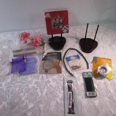 Sale Photo Thumbnail #209: Silk flowers, organdie gift bags, 2 teacup & plate display stands, shells, picture hanging wire, beads, watchband, floral wire, jewelry making wire, picture frame, glue sticks. See pictures