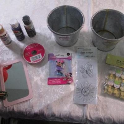 Sale Photo Thumbnail #223: 3 silver metal buckets, 3 bottles metallic surface paint, spool of ribbon, set of chopsticks, decorative clothespins, mirror, Starbucks mug, etc. see pictures
