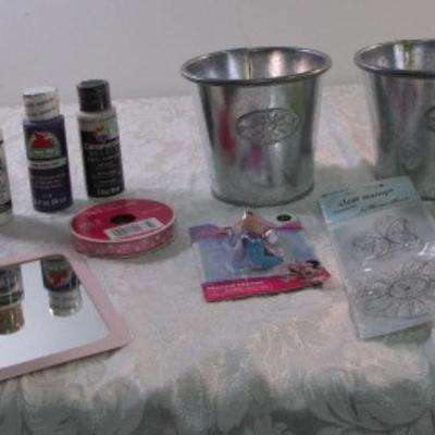 Sale Photo Thumbnail #224: 3 silver metal buckets, 3 bottles metallic surface paint, spool of ribbon, set of chopsticks, decorative clothespins, mirror, Starbucks mug, etc. see pictures