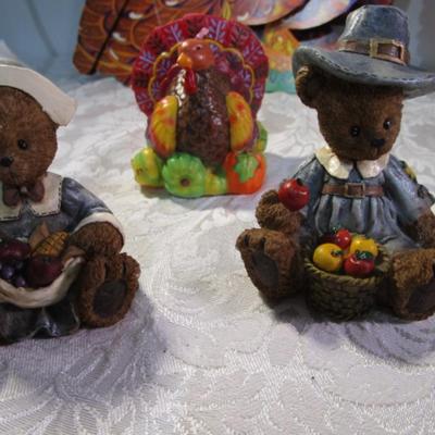 Sale Photo Thumbnail #414: Pilgrim & Indian bear set, turkey, "Thanks" statue, 1 turkey candle, 4 honeycomb turkeys