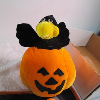 Sale Photo Thumbnail #434: Happy Halloween doormat,  new electric jack-o-lantern, Halloween basket & stuffed pumpkin, Doormat untested & takes 3 AG13 batteries not included, 2 bags Halloween confetti