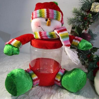 Sale Photo Thumbnail #461: Snowman jar, 2 nativity ornaments, Mother & child decoration, 2 Santa boots, Snowman bag, wreath