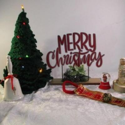 Sale Photo Thumbnail #538: Crocheted lighted Christmas tree, Merry Christmas plaque, bell, jingle bells, candle, glass tree, milk jug, clothespin nutcracker & ballerina, nativity