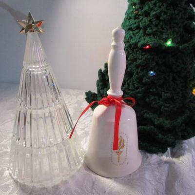 Sale Photo Thumbnail #540: Crocheted lighted Christmas tree, Merry Christmas plaque, bell, jingle bells, candle, glass tree, milk jug, clothespin nutcracker & ballerina, nativity