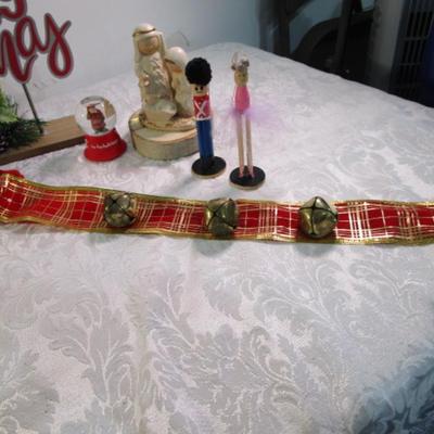 Sale Photo Thumbnail #547: Crocheted lighted Christmas tree, Merry Christmas plaque, bell, jingle bells, candle, glass tree, milk jug, clothespin nutcracker & ballerina, nativity