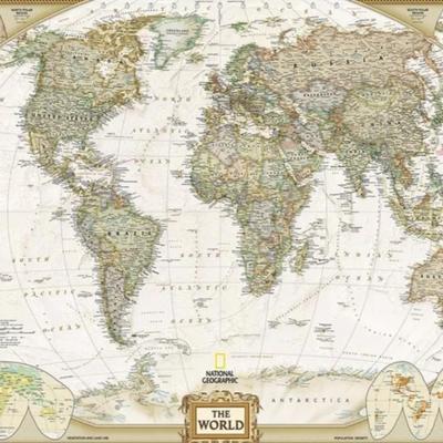 Sale Photo Thumbnail #370: National Geographic Political World Map 123" × 76" Vintage. Pictured both maps for an idea on look, this one appears to be new in box and didn't open.