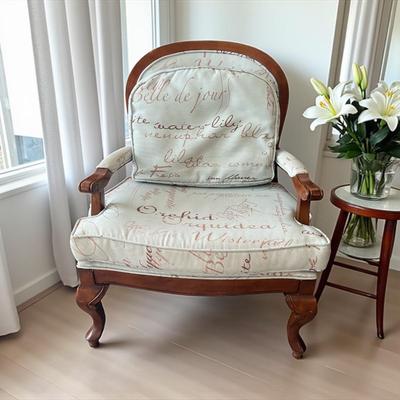 Sale Photo Thumbnail #448: Louis XV Style Bergere Armchair with Cabriole Legs and a Script patterned fabric.  Fabric will need cleaning.