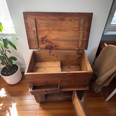 Sale Photo Thumbnail #455: Antique Pine Wood Lift-Top Dry Sink Washstand Commode.  The top is hinged ( Missing two screws) with one drawer and cabinet door on the bottom
