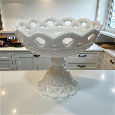 Sale Photo Thumbnail #458: Vintage Imperial Glass Company Milk Glass Compote with Lace Edge and Diamond Point Pattern
Approximately 6 Wide  5" Tall