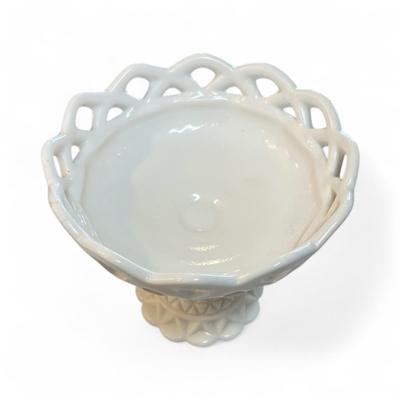 Sale Photo Thumbnail #457: Vintage Imperial Glass Company Milk Glass Compote with Lace Edge and Diamond Point Pattern
Approximately 6 Wide  5" Tall