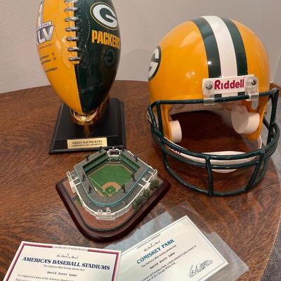 Packers ceramic football and helmet with Stadium replica