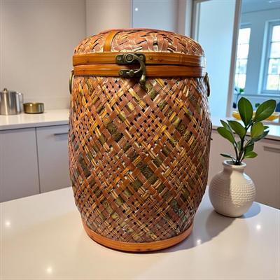 Sale Photo Thumbnail #713: Decorative Round Wicker Basket With Latching Lid
Approximately 14" Tall