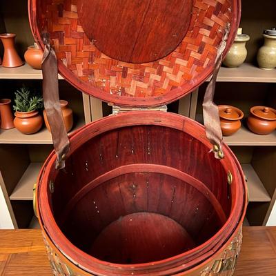 Sale Photo Thumbnail #712: Decorative Round Wicker Basket With Latching Lid
Approximately 14" Tall