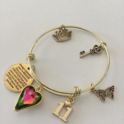 Beautiful, gold, toned, rainbow, crystal rhinestone heart charm, bangle bracelet