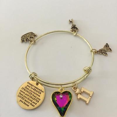 Beautiful, gold, toned, rainbow, crystal rhinestone heart charm, bangle bracelet