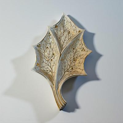 Sale Photo Thumbnail #742: Ceramic Leaf Sectional Dish with Gold Trim   Made in Italy
Approximately 12"