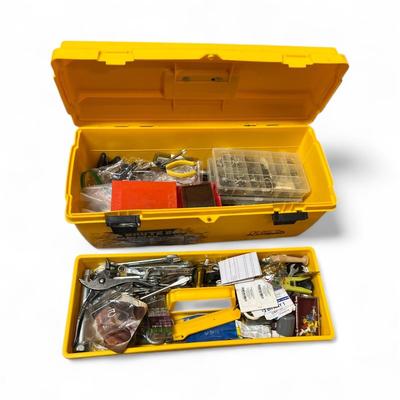Sale Photo Thumbnail #744: Yellow Plastic Toolbox and assorted tools and screws
