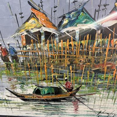 Vietnamese “river village” scene -Oil