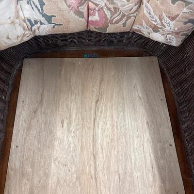 Sale Photo Thumbnail #641: Has some minor damage to wicker, front bottom coming unraveled, cushions have fading
Both measure: 38" wide x 38.5" high x 22" seat depth x 26.5" seat width x 18" seat height
