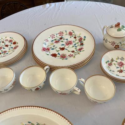 Sale Photo Thumbnail #1143: Royal Worcester Astley Dinnerware Bone China Made In England   Includes:  4 Dinner Plates, 4 Salad Plates, 4 Desert Bowls, 4 Coffee Cups, 3 Saucers,  2 Small Plates, 3 Soup Bowls, 1 Serving Bowl, Cream Pitcher, and Sugar Bowl  Total 27 Pieces