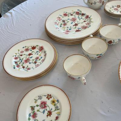 Sale Photo Thumbnail #1141: Royal Worcester Astley Dinnerware Bone China Made In England   Includes:  4 Dinner Plates, 4 Salad Plates, 4 Desert Bowls, 4 Coffee Cups, 3 Saucers,  2 Small Plates, 3 Soup Bowls, 1 Serving Bowl, Cream Pitcher, and Sugar Bowl  Total 27 Pieces