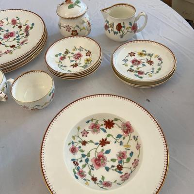 Sale Photo Thumbnail #1155: Theodore Haviland The Hanoi China Set  Made In France  Includes:  1 Serving Platter, 1 Covered Casserole Dish, 1 Coffee cup, 2 Footed Serving Bowls, 2 Salad Plates, 4 Bread Plates, 1 Small Serving Platter, 4 Dinner Plates, 4 Soup Bowls, 4 Desert Bowls, 4 