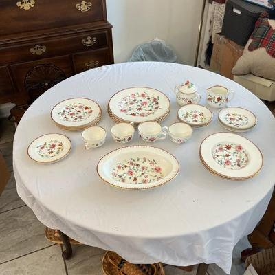 Sale Photo Thumbnail #1156: Theodore Haviland The Hanoi China Set  Made In France  Includes:  1 Serving Platter, 1 Covered Casserole Dish, 1 Coffee cup, 2 Footed Serving Bowls, 2 Salad Plates, 4 Bread Plates, 1 Small Serving Platter, 4 Dinner Plates, 4 Soup Bowls, 4 Desert Bowls, 4 