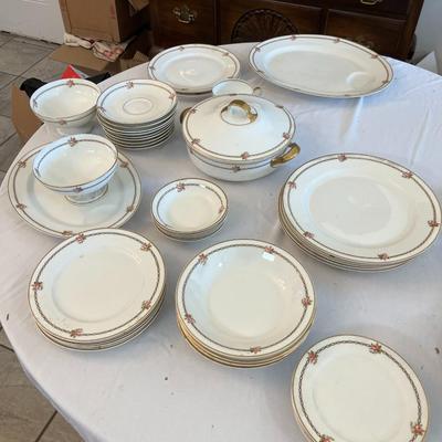 Sale Photo Thumbnail #1146: Theodore Haviland The Hanoi China Set  Made In France  Includes:  1 Serving Platter, 1 Covered Casserole Dish, 1 Coffee cup, 2 Footed Serving Bowls, 2 Salad Plates, 4 Bread Plates, 1 Small Serving Platter, 4 Dinner Plates, 4 Soup Bowls, 4 Desert Bowls, 4 