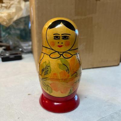 Sale Photo Thumbnail #1188: Vintage Russian Matryoshka Babushka Wooden Dolls Set of 3 Nesting Dolls
Approximately 4.5" Tall