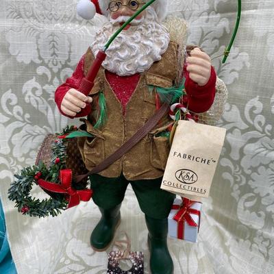 Sale Photo Thumbnail #147: Santa with fishing pole, net, fish basket, waders and boots Good condition, 11 inches tall