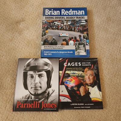 3 Autographed Signed Car Racing Books Parnelli Jones, Brian Redman Daring Drivers Deadly Tracks , Cages are for Monkeys Kevin Olson
