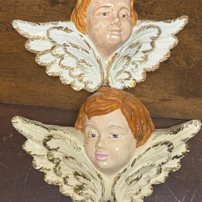 Antique painted plaster Chalkware small Cherub Angel's Head with Wings Wall Hanging Romantic Decor