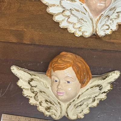 Antique painted plaster Chalkware small Cherub Angel's Head with Wings Wall Hanging Romantic Decor