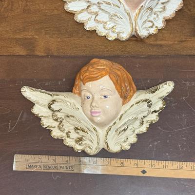 Antique painted plaster Chalkware small Cherub Angel's Head with Wings Wall Hanging Romantic Decor
