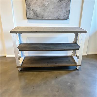 Sale Photo Thumbnail #1243: Wooden Three Shelf Console Table  White and Grey
Approximately  48"X15.5"X29.5"