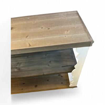 Sale Photo Thumbnail #1242: Wooden Three Shelf Console Table  White and Grey
Approximately  48"X15.5"X29.5"