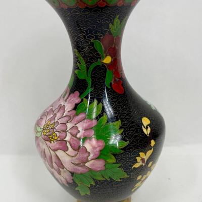 Vintage Chinese Cloisonne Enamel Vase w/ Spider Mums Lotus flowers