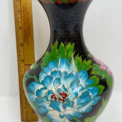 Vintage Chinese Cloisonne Enamel Vase w/ Spider Mums Lotus flowers