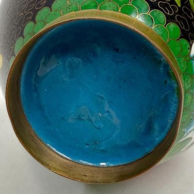 Vintage Chinese Cloisonne Enamel Vase w/ Spider Mums Lotus flowers