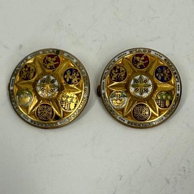 Vintage French Basque Zazpiak Bat Oritza Brooch Pins or Medals Circular Shield Shape Enamel Shields
