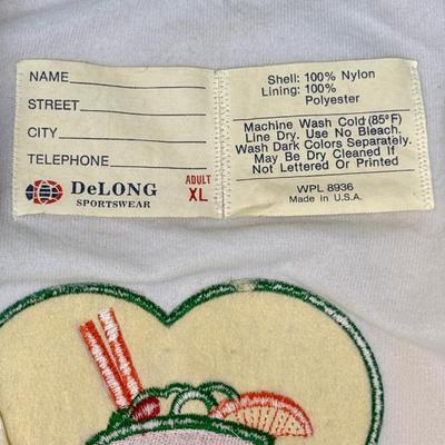 Vintage 80's Embroidered Satin Varsity Jacket size XL made in USA Pat O'Brien's New Orleans Louisiana cream with green trim