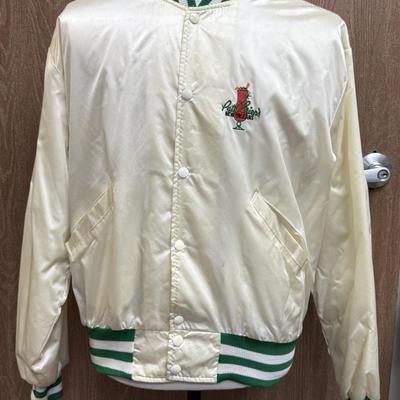 Vintage 80's Embroidered Satin Varsity Jacket size XL made in USA Pat O'Brien's New Orleans Louisiana cream with green trim