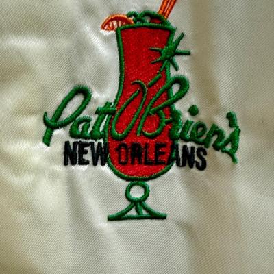 Vintage 80's Embroidered Satin Varsity Jacket size XL made in USA Pat O'Brien's New Orleans Louisiana cream with green trim