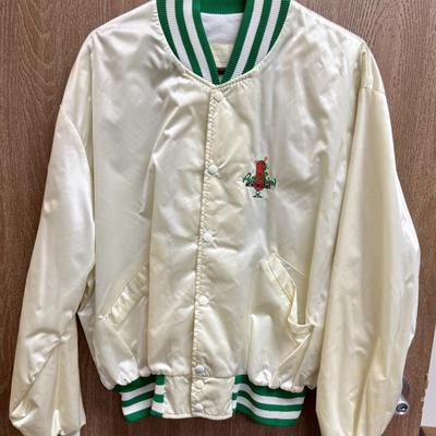 Vintage 80's Embroidered Satin Varsity Jacket size XL made in USA Pat O'Brien's New Orleans Louisiana cream with green trim