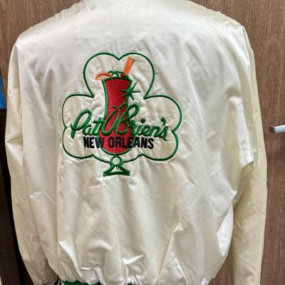 Vintage 80's Embroidered Satin Varsity Jacket size XL made in USA Pat O'Brien's New Orleans Louisiana cream with green trim