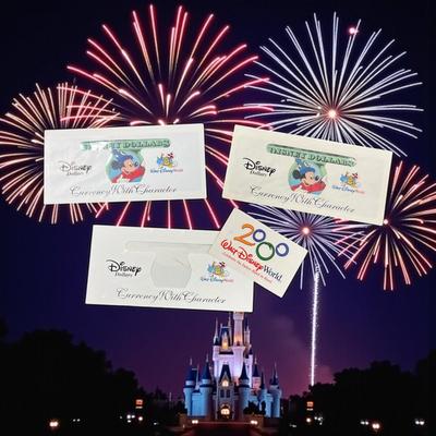 Sale Photo Thumbnail #1308: Walt Disney World Collectors Society Box including, The Magic Begins With Me Book, On With The Show Photo, Cast Holiday Celebration Framed Photo, I Year Anniversary Card, Two Disney Dollars, One December 31, 1999 Entrance Ticket, Disney Cash Handling Manu