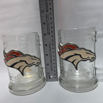 Two Denver Broncos Macho mugs with a collectible Officially Licensed NFL Denver Product in a quill pen box
