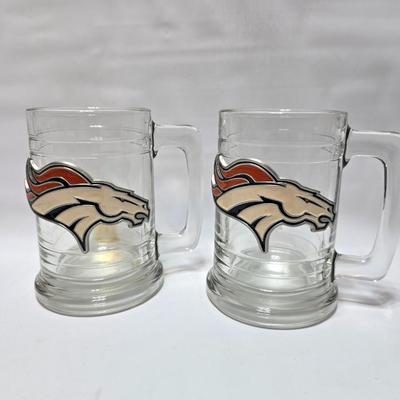 Two Denver Broncos Macho mugs with a collectible Officially Licensed NFL Denver Product in a quill pen box