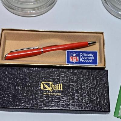 Two Denver Broncos Macho mugs with a collectible Officially Licensed NFL Denver Product in a quill pen box
